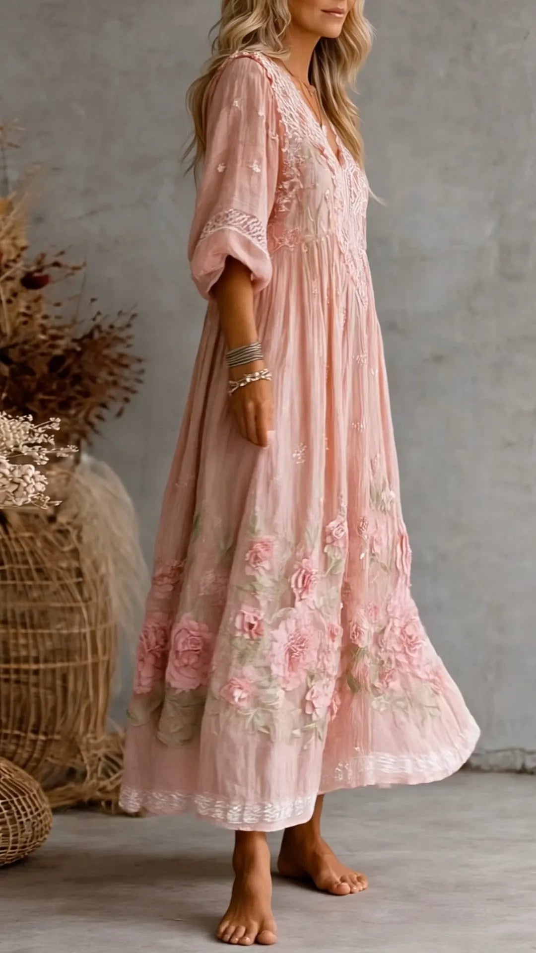Pink 3D Embroidered Lace V-Neck Long Dress