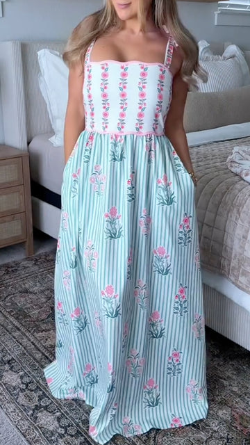 Women's V-Neck Floral Print Strappy Maxi Vacation Dress