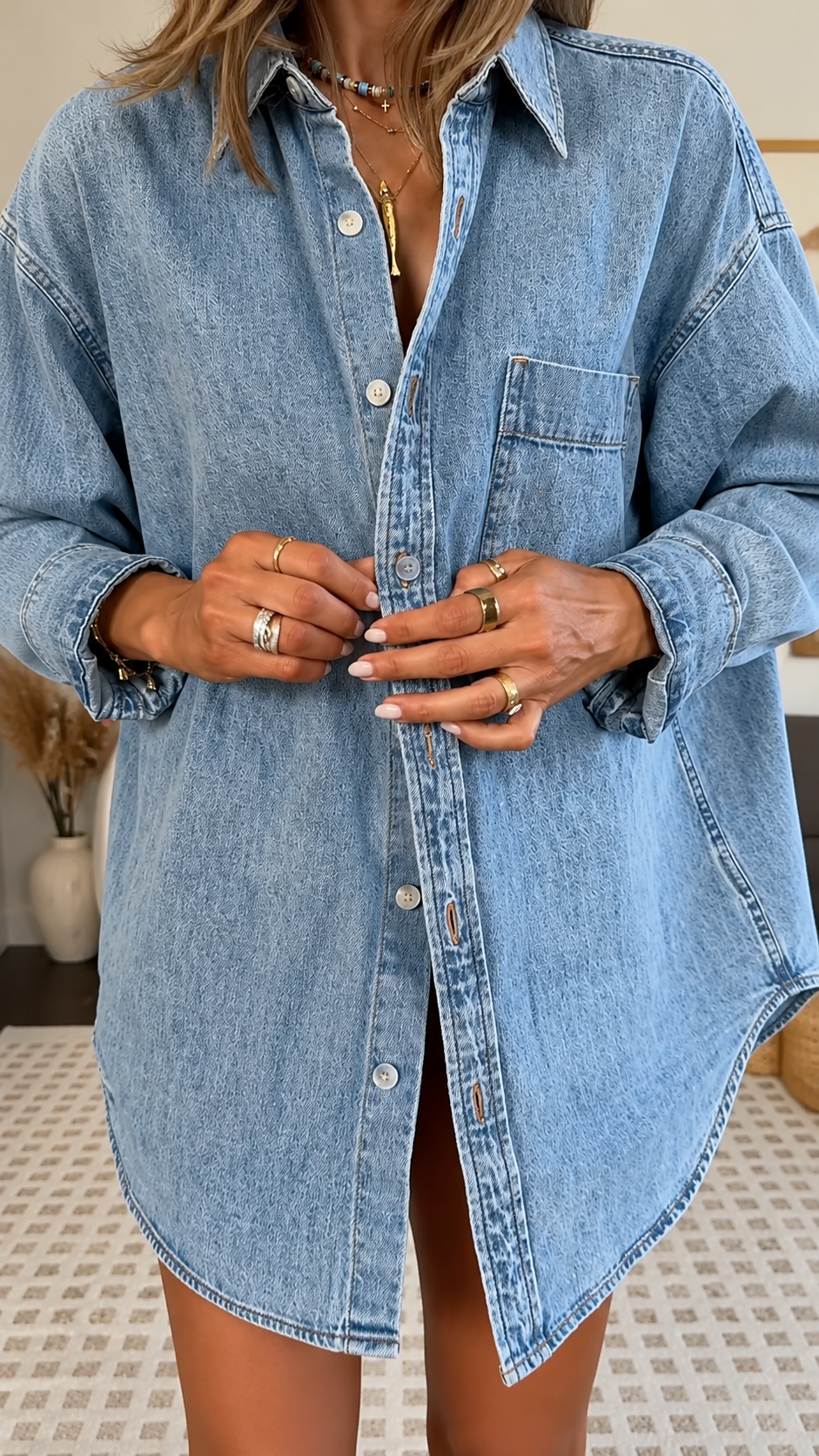 Oversized Denim Shirt + Crochet Mini Skirt Matching Outfit