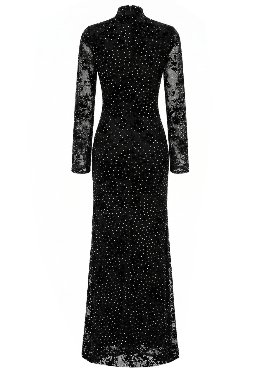 Long Sleeve Embellished Lace Maxi Dress Black