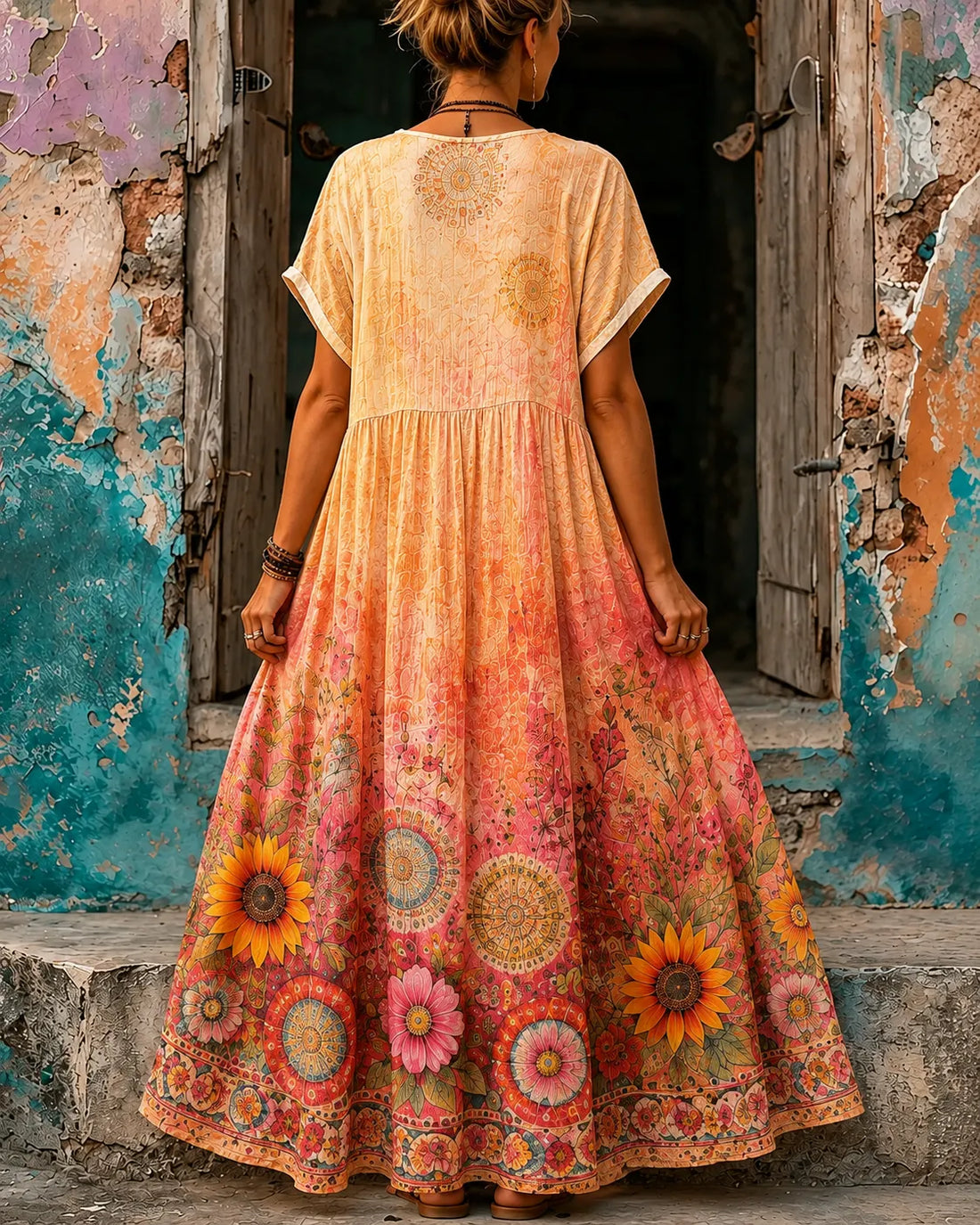 Women's Vacation Linen Floral Print V-Neck Short Sleeve Maxi Dress