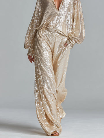 Women's Champagne Sequin Wide-Leg Pants With Elastic Waist & Side Pockets, Timeless Party-Glam Style Pants MDZ1641D4LYL