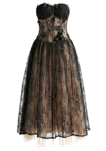 Strapless Butterfly Lace Corset Maxi Dress Black