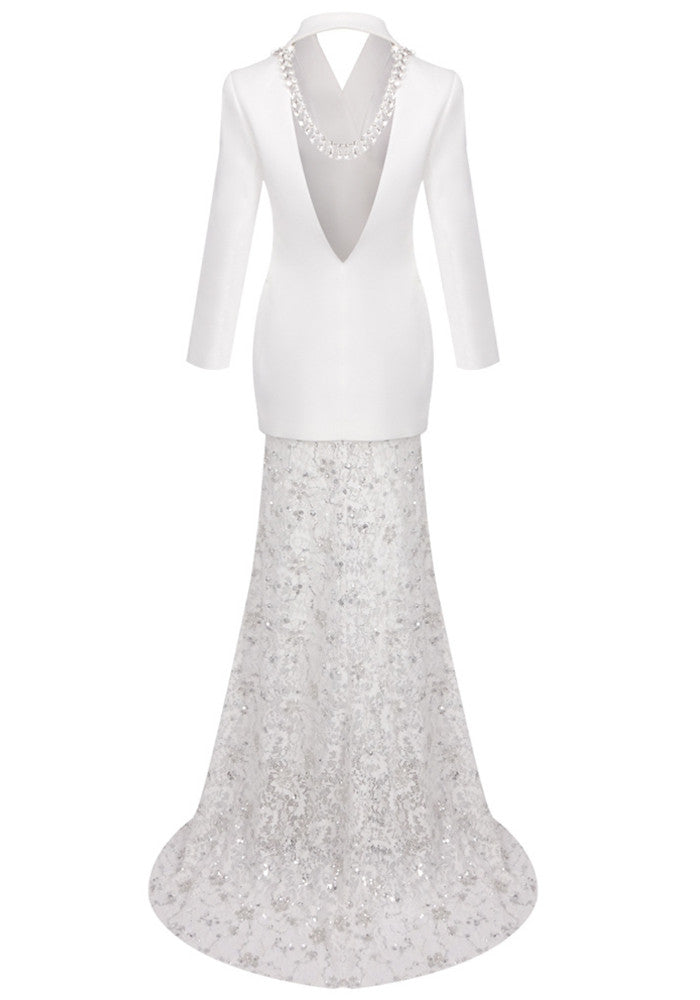 Long Sleeve Blazer Lace Maxi Two Piece Dress White