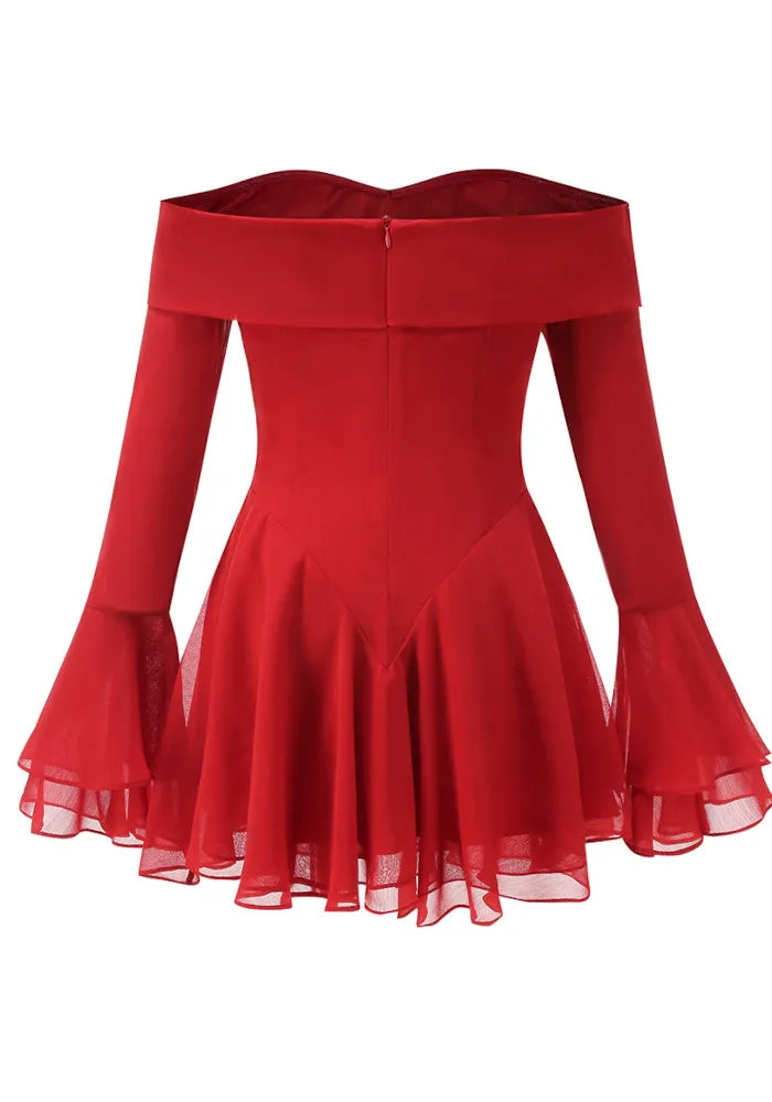 Long Sleeve Bardot A Line Dress Red
