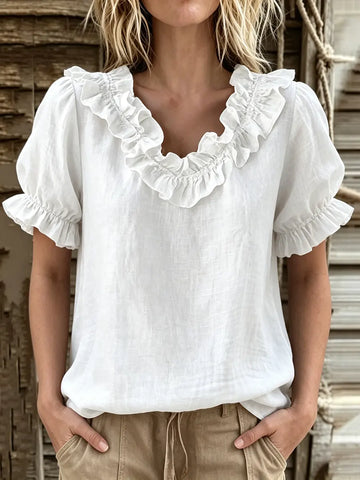 Women's Ruffle V-Neck Puff Sleeve Linen Blouse