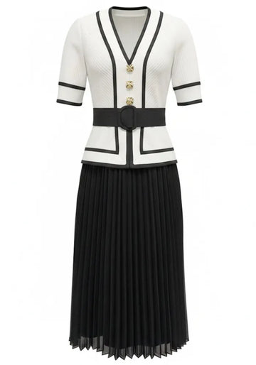 Short Sleeve Pleated Midi Dress Black White