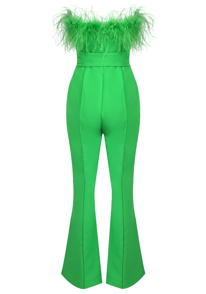 Strapless Feather Jumpsuit Green