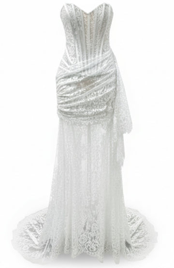 Strapless Draped Lace Corset Maxi Dress White