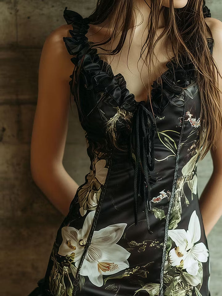 Elegant Floral Print Ruffled Satin Mini Dress