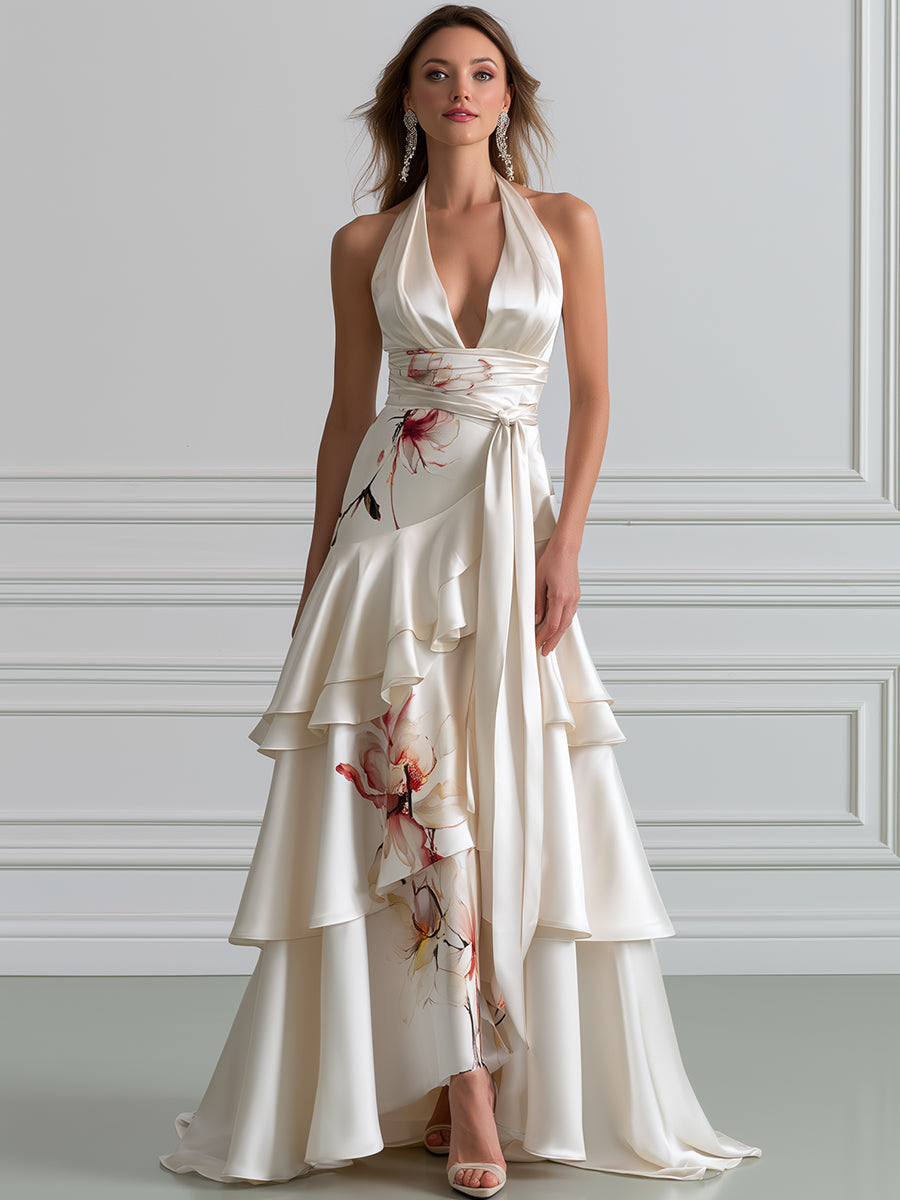 Floral Asymmetrical Ruffle Halter Satin Evening Gown