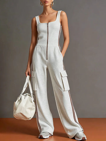 Sporty Retro Striped Webbing Grey And White Cotton Square Neck Zipper Sleeveless Jumpsuit