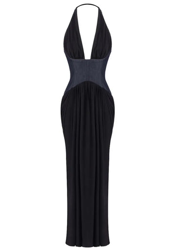 Halter Denim Insert Maxi Dress Black