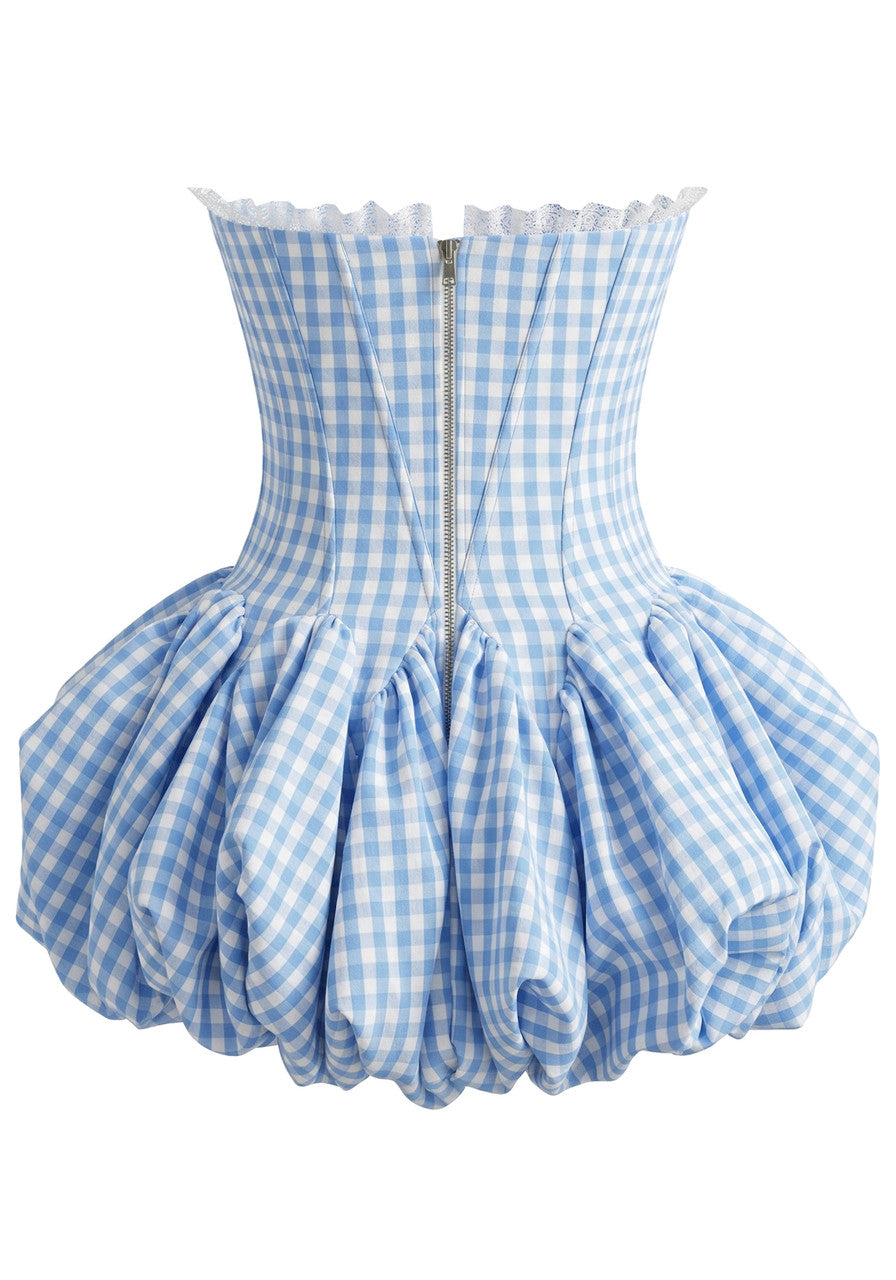 Strapless Lace Gingham Bubble Dress Blue