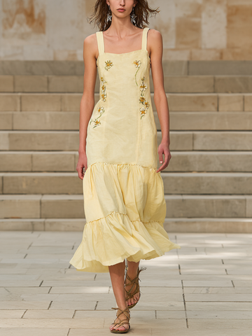 Women's Pastoral Pale Yellow Linen-Cotton Embroidered Square Neck Tiered Maxi Dress MDZ2032D1GMJ