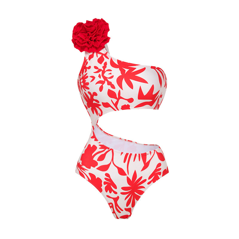 One Shoulder 3D Flower Cut Out Printed One Piece Swimsuit and Skirt