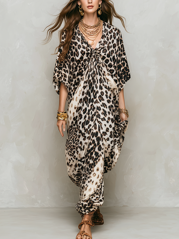 Leopard Print Draped Bohemian Maxi Dress