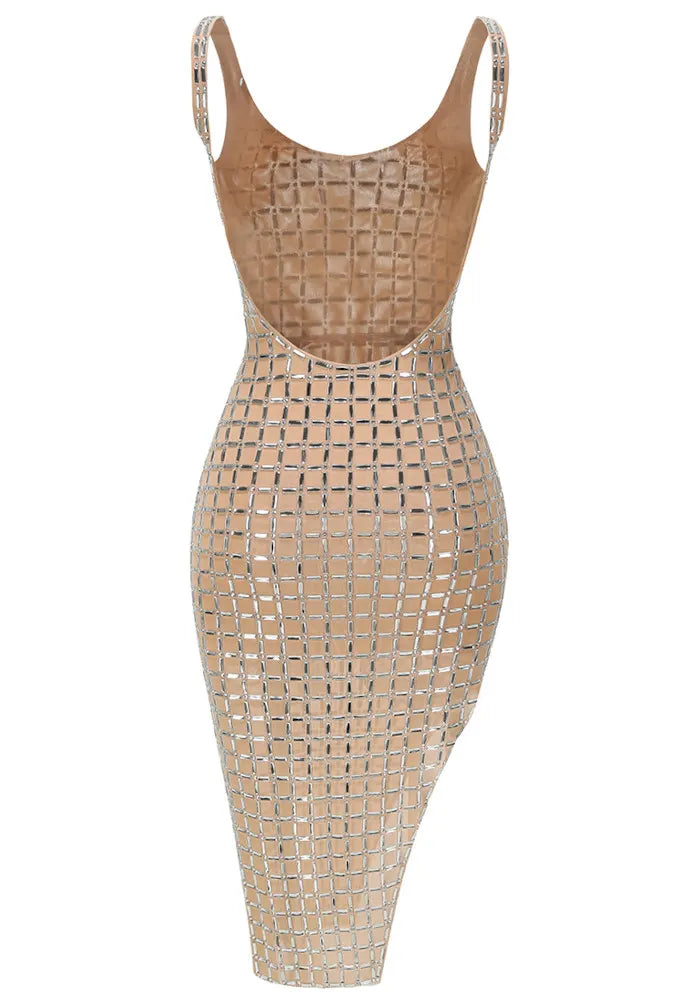 Embellished Backless Midi Dress Nude