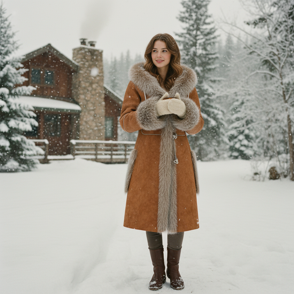 Vintage Long Fur Coat With Caramel Suede And Beachhead Collar For Women | Warm And Luxurious