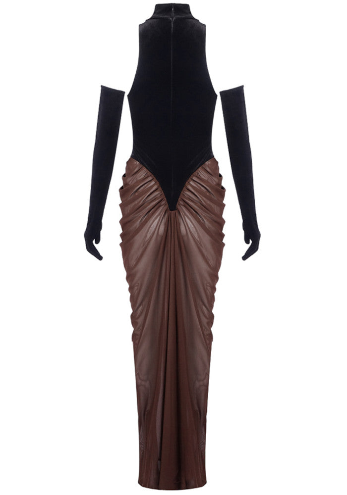 Halter Draped Maxi Velvet Dress Black Brown