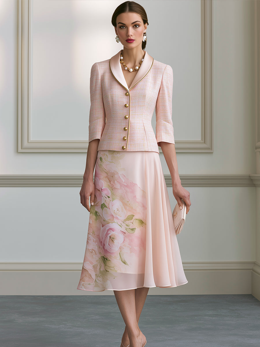 Tweed Shawl-Collar Jacket & Floral Chiffon Midi Skirt Set