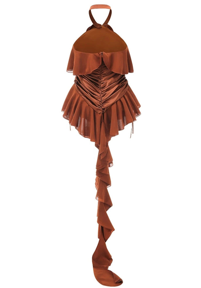 Halter Floral Ruffle Ruched Dress Brown