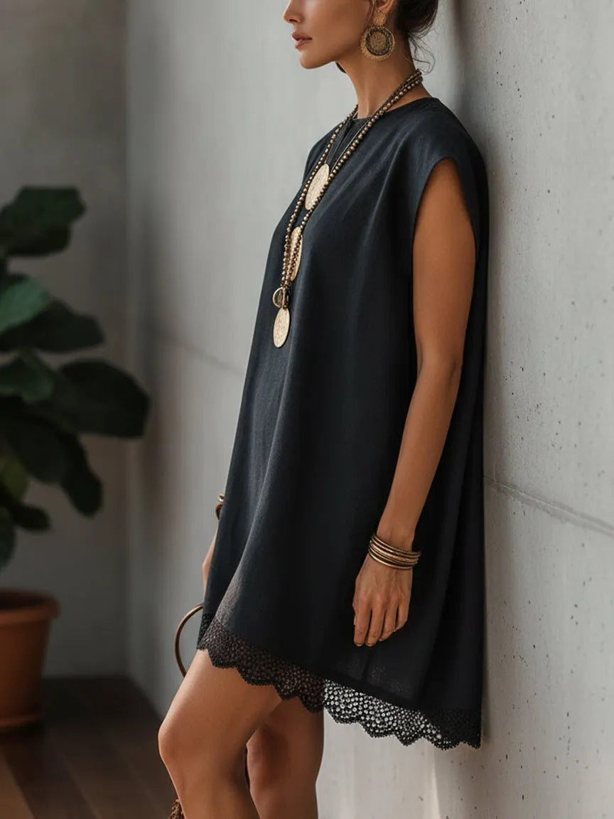Black Sleeveless Lace-trimmed Irregular Loose Mini Dress
