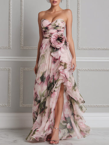 Watercolor Floral Strapless Ruffle High-Low Maxi Dress