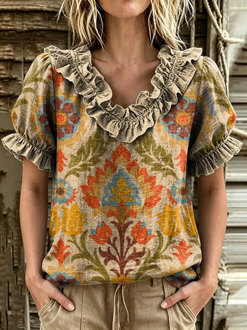 Women's Boho Floral Motif Print Ruffle V-Neck Puff Sleeve Blouse