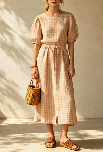 Women's Gingham Puff Sleeve Midi Dress with Drawstring Waist