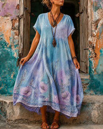 Women's Vacation Linen Floral Print V-Neck Short Sleeve Maxi Dress