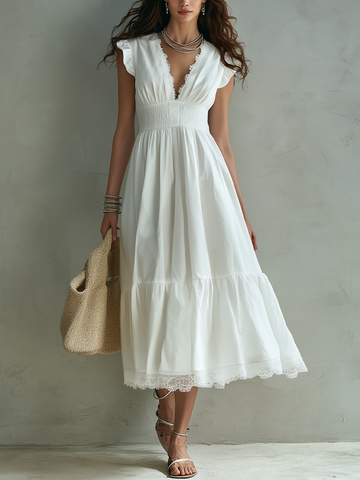 Delicate Lace-Trim V-Neck Smocked Midi Dress