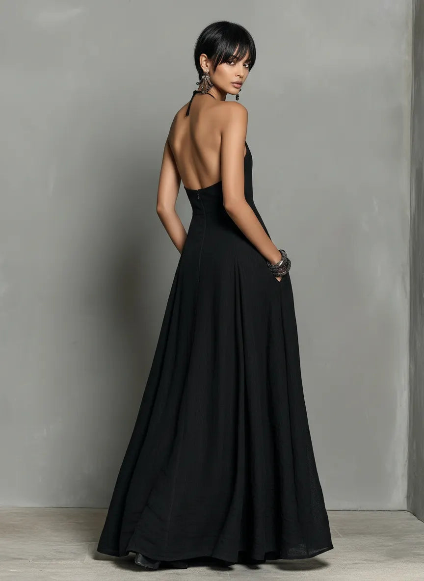 Women's Minimalist Linen Blend Halter Neck Sleeveless Maxi Dress MDZ2210A0Y