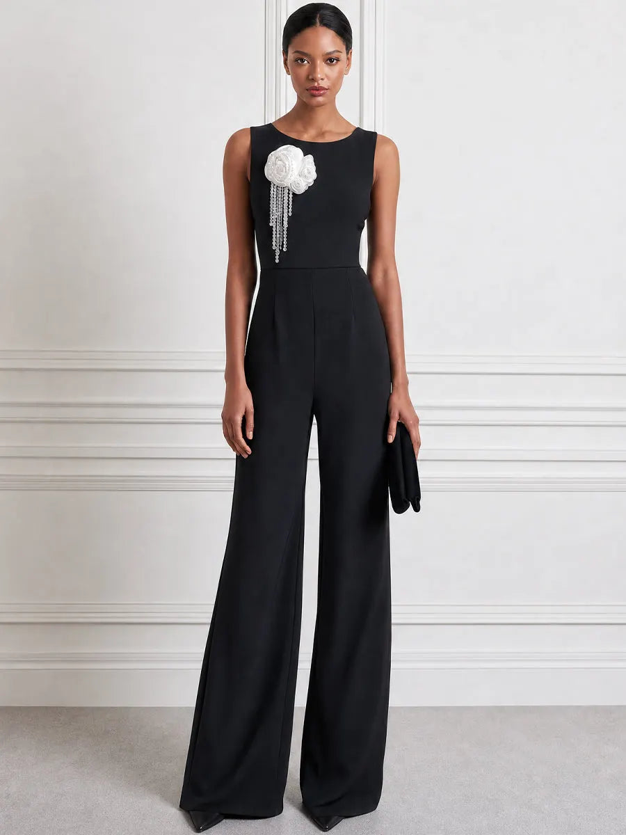3D Rosette Pearl Tassel Sleeveless Bateau-Neck Wide-Leg Jumpsuit