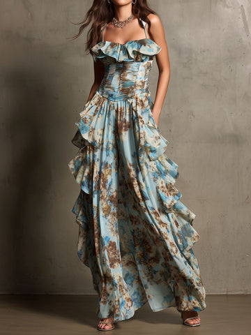 Boho Chic Dusty Blue Ruffled Floral Chiffon Jumpsuit
