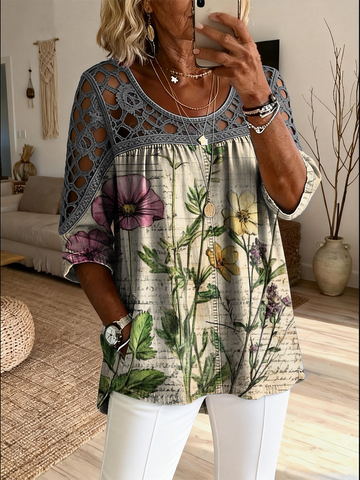 Women's Retro Floral Art Print Casual Three-quarter Sleeve Round Neck Hollow-out Top