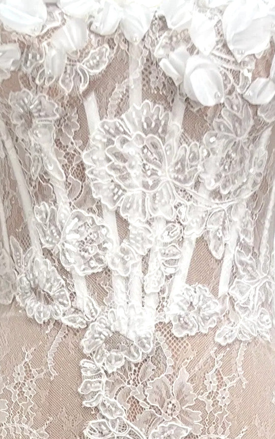 Long Sleeve Floral Bustier Lace Maxi Dress White Nude
