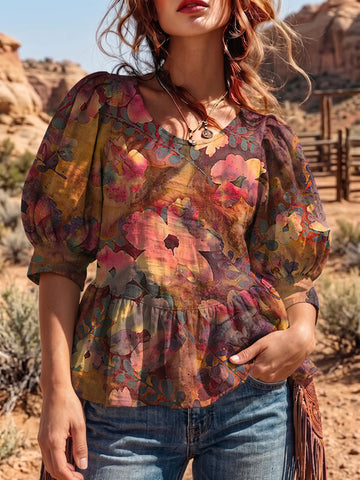 Women's Vintage Art Puff Sleeve Top