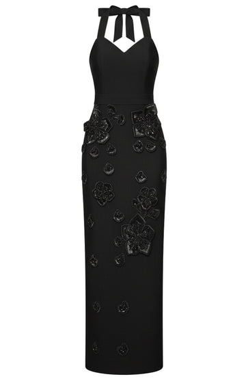 Halter Floral Gloves Maxi Dress Black