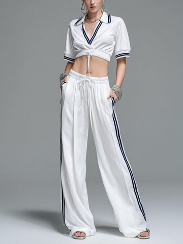 Women's Casual Sporty Style White Stretch-Knit V-Neck Long-Sleeve Top And Trousers Set MDZ2405D7LXY