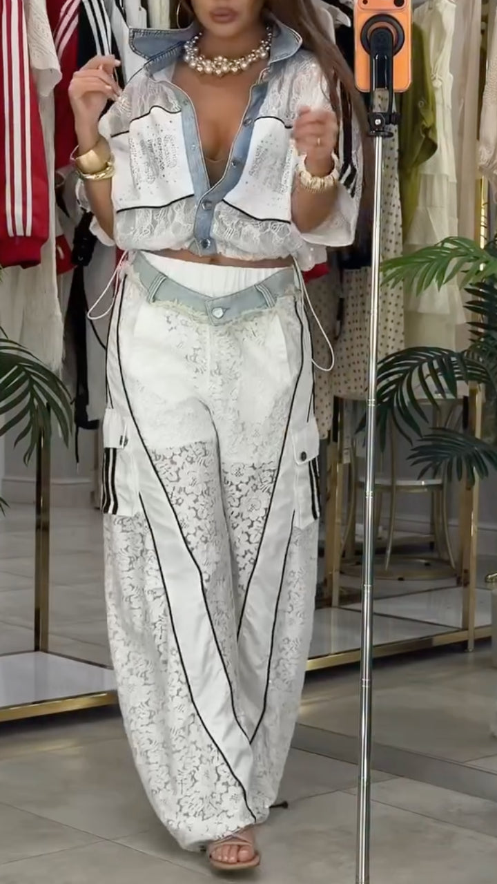 White Denim Patch Lace Two Piece Tracksuit