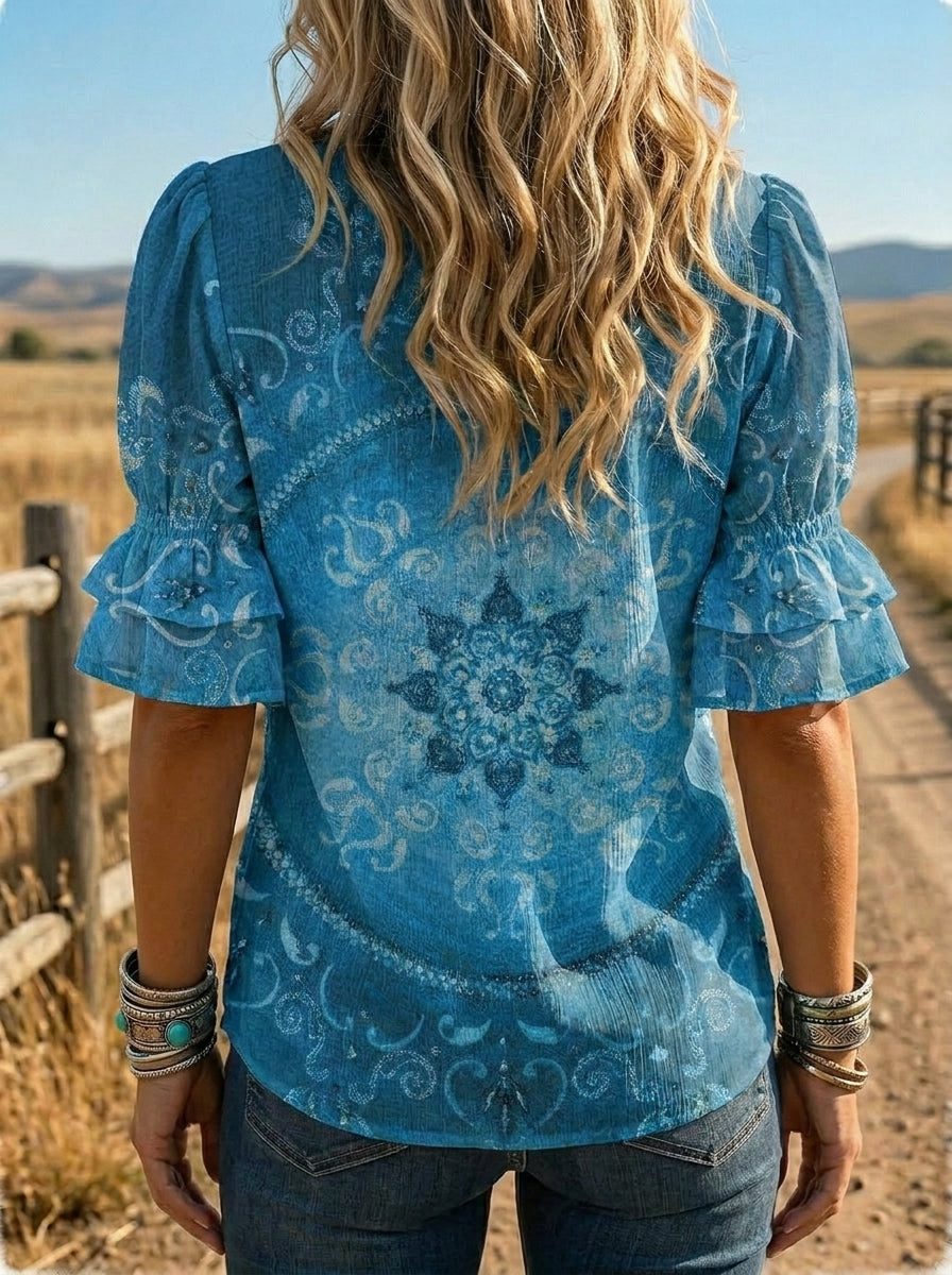 Women's Retro Floral Art Puff Sleeve Casual Shirt
