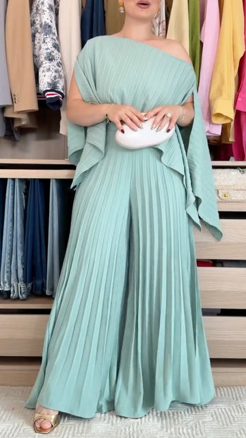 Pleated Cape Sleeve Top Wide Leg Pants Set