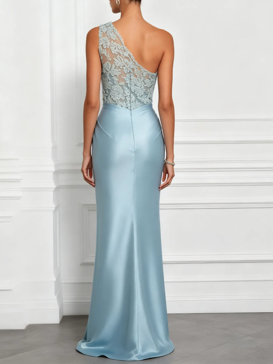 Light Blue Lace Embroidery Ruched Satin One Shoulder Sleeveless Mermaid Floor-length Gown Dress