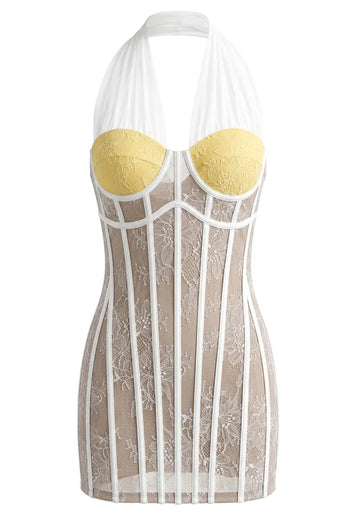 Halter Lace Dress Nude White