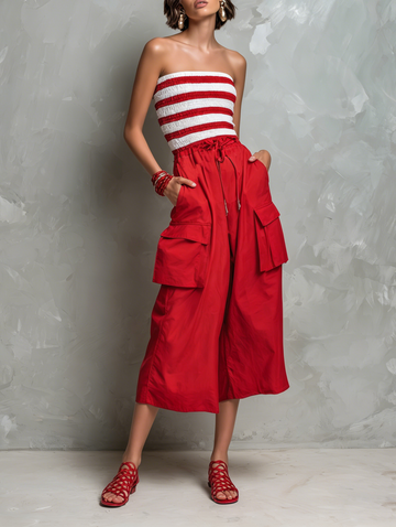 Women's Sporty-Casual Striped Strapless Jumpsuit — Smocked Bodice, Paneled Design, Multi-Pocket, Cropped Wide-Leg Pants MDZ2896D0Y