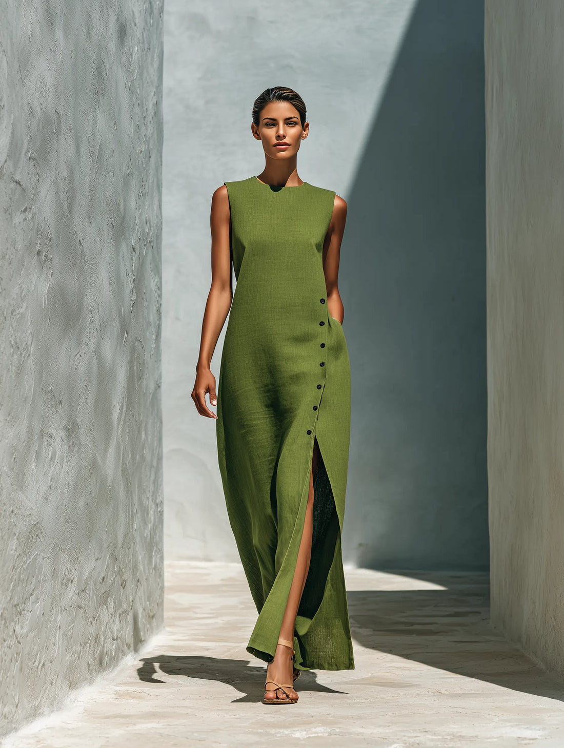Women’s Olive Green Linen-Blend Sleeveless Round Neck Side Button Slit Maxi Dress With Pockets MDZ2188D7T