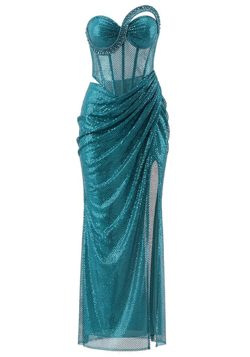 Strapless Sparkly Bustier Maxi Dress Turquoise