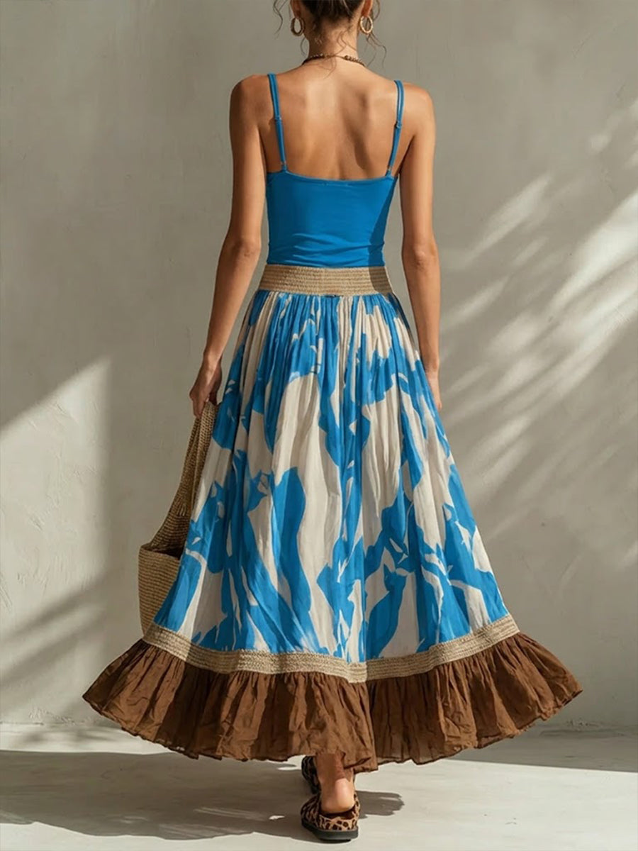 Comfortable And Elegant Cotton Camisole And Artistic Print Midi Skirt Two-piece Set