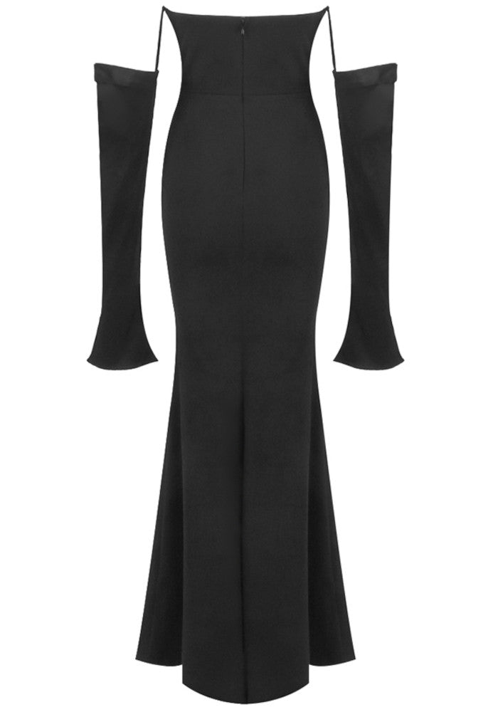 Long Sleeve Strapless Draped Maxi Dress Black